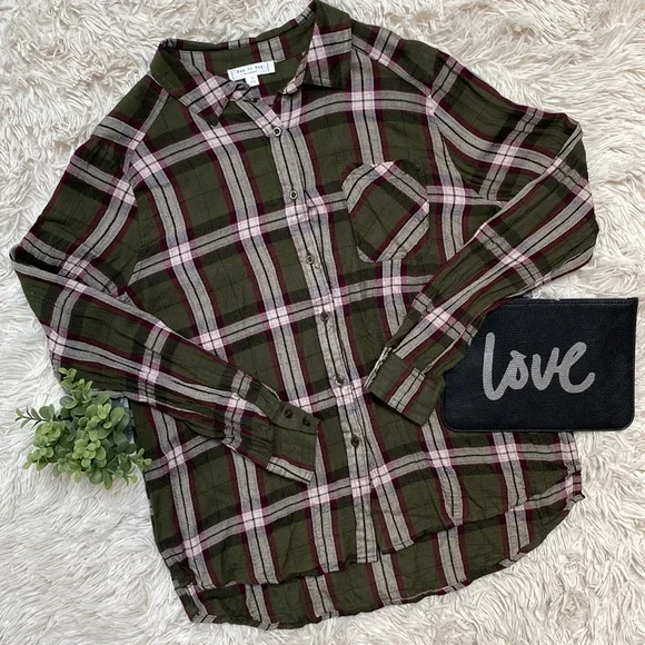 🎉HP🎉 Blue Pepper Day to Day Button Down Plaid Shirt 💗 Olive Cranberry White - Picture 1 of 14